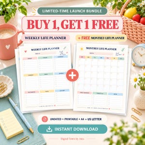Op de afbeelding: Een digitale bundel met een Weekly Life Planner en een Monthly Life Planner met pastelkleurige secties. De tekst luidt LIMITED-TIME LAUNCH BUNDLE, BUY 1, GET 1 FREE, WEEKLY LIFE PLANNER, FREE MONTHLY LIFE PLANNER en INSTANT DOWNLOAD.