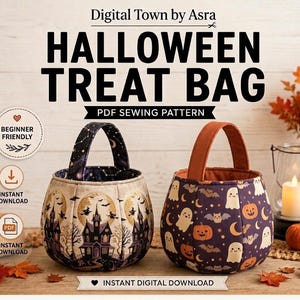 Op de afbeelding: Digital Town by Asra Halloween Treat Bag PDF-naaipatroon. Twee stoffen mandjes met hengsels. Eén met een spookhuis- en maanprint, de andere met een patroon van spookjes, pompoenen en vleermuizen. Tekst bevat Beginner Friendly en Instant Download.