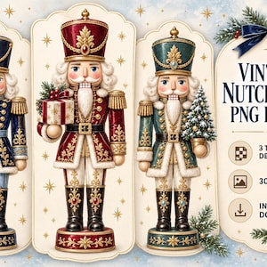 May include: A digital collection of three nutcracker figures in blue, red, and green uniforms with gold accents. The text reads: VINTAGE NUTCRACKER PNG BUNDLE, 3 TRANSPARENT DESIGNS, 300 DPI, INSTANT DOWNLOAD. Each nutcracker stands on a base with festive details.