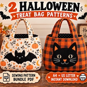May include: Two quilted fabric treat bags with handles. The left bag is cream with orange pumpkins, black bats, and crescent moons, featuring a black bat applique. The right bag has an orange and black plaid pattern with a black cat face applique.