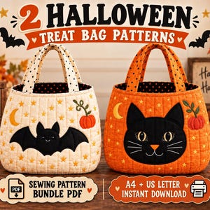 Könnte beinhalten: Zwei gesteppte Stofftaschen mit Henkeln. Die linke Tasche ist cremefarben mit einer schwarzen Fledermaus, gelben Sternen, einem gelben Mond und einem orangefarbenen Kürbis. Die rechte Tasche ist orange mit einem schwarzen Katzengesicht, gelben Sternen, einem gelben Mond und einem orangefarbenen Kürbis. Text: 2 HALLOWEEN TREAT BAG PATTERNS, SEWING PATTERN BUNDLE PDF, A4 + US LETTER INSTANT DOWNLOAD.
