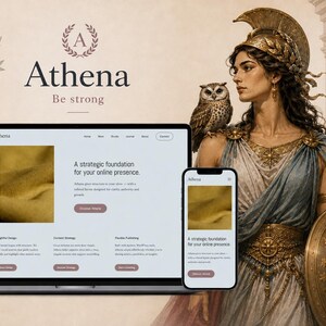 May include: A laptop and smartphone displaying a website titled Athena with the text A strategic foundation for your online presence. Beside the devices stands a depiction of the goddess Athena wearing a golden helmet and armour with an owl.