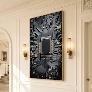May include: A rectangular wall art piece featuring a detailed black and dark gray printed circuit board design. The artwork displays intricate silver and gold metallic pathways, various electronic components, and a large central processor chip.