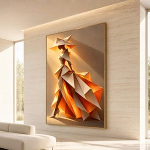 May include: A large rectangular wall art piece featuring a stylised figure wearing a wide-brimmed hat and a voluminous, angular gown. The garment is composed of geometric, paper-like folds in shades of cream, beige, and vibrant orange, with light.