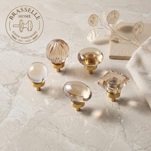 May include: Five cabinet knobs with clear or amber-tinted glass tops and brushed gold metal bases. The shapes include a smooth sphere, a ribbed sphere, a flat disc, an oval, and a square. The Brasselle Home Door Hardware logo is visible.