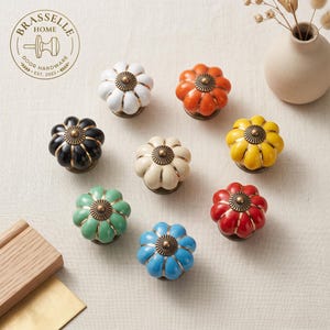 May include: Eight pumpkin-shaped cabinet knobs in white, orange, black, cream, yellow, green, red, and blue. Each knob features a ribbed ceramic body with a central antique brass-toned metal cap and base. The logo Brasselle Home Door Hardware is visible.