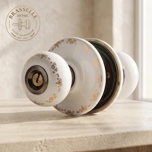 Vintage Porcelain Door Knob Set, Floral Ceramic Door Handle, Antique Style Lockset