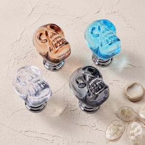 May include: Four skull-shaped cabinet knobs made of translucent glass in amber, light blue, clear, and dark gray. Each knob features a detailed molded skull design attached to a polished silver-tone metal base for mounting to furniture.