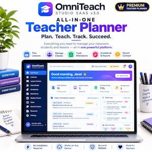 May include: A laptop displaying the OmniTeach Studio SAAS v3.0 teacher planner interface. The screen shows a dashboard with student data, lesson schedules, and task lists. Text includes Plan, Teach, Track, Succeed, and Premium Teacher Planner.