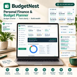 Puede incluir: Un ordenador portátil que muestra el panel de control del planificador de presupuesto y finanzas personales BudgetNest. La pantalla presenta datos financieros, objetivos de ahorro y un gráfico de desglose de gastos con detalles en verde.