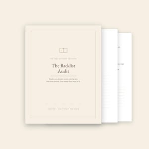 May include: A beige planner titled The Backlist Audit with a book icon, subtitle text, and undated sections. The cover features dark brown text on a light background, with two additional white pages visible behind the main cover page.
