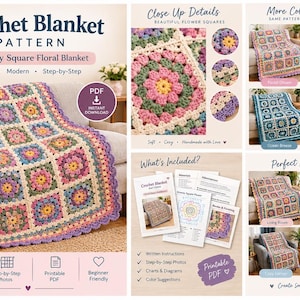 May include: A digital crochet blanket pattern featuring a granny square floral design. The document includes written instructions, step-by-step photos, charts, and diagrams for creating a multi-coloured blanket with a scalloped purple border.