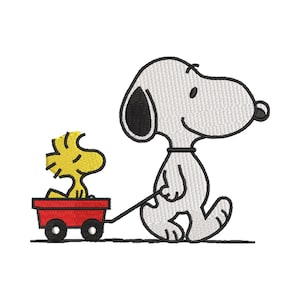 May include: An embroidered design featuring a white beagle with a black ear and collar pulling a small red wagon. Inside the wagon sits a small yellow bird. The entire illustration is outlined in black thread, creating a clean, graphic appearance.
