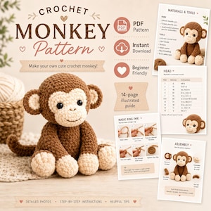 May include: A digital crochet pattern for a monkey, featuring a brown and cream stuffed monkey toy, a 14-page illustrated guide, materials list, and step-by-step instructions for creating the amigurumi, including a magic ring tutorial.