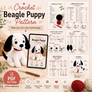 Può includere: Uno schema all'uncinetto per cucciolo di beagle che include un cucciolo di peluche bianco e nero con collare rosso, un tablet con il motivo, un uncinetto in legno e fogli di istruzioni stampati che dettagliano materiali, abbreviazioni e assemblaggio.