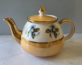 Vintage Gibsons Teekanne aus Staffordshire, England – Goldglanz & blauer Blumenstrauß