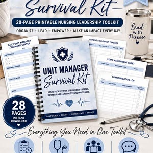 Puede incluir: Un kit de supervivencia para gestores de unidades de 28 páginas, caja de herramientas de liderazgo de enfermería imprimible. La cubierta en espiral presenta un diseño de acuarela azul, un icono de escudo médico y un gráfico de ritmo cardíaco.