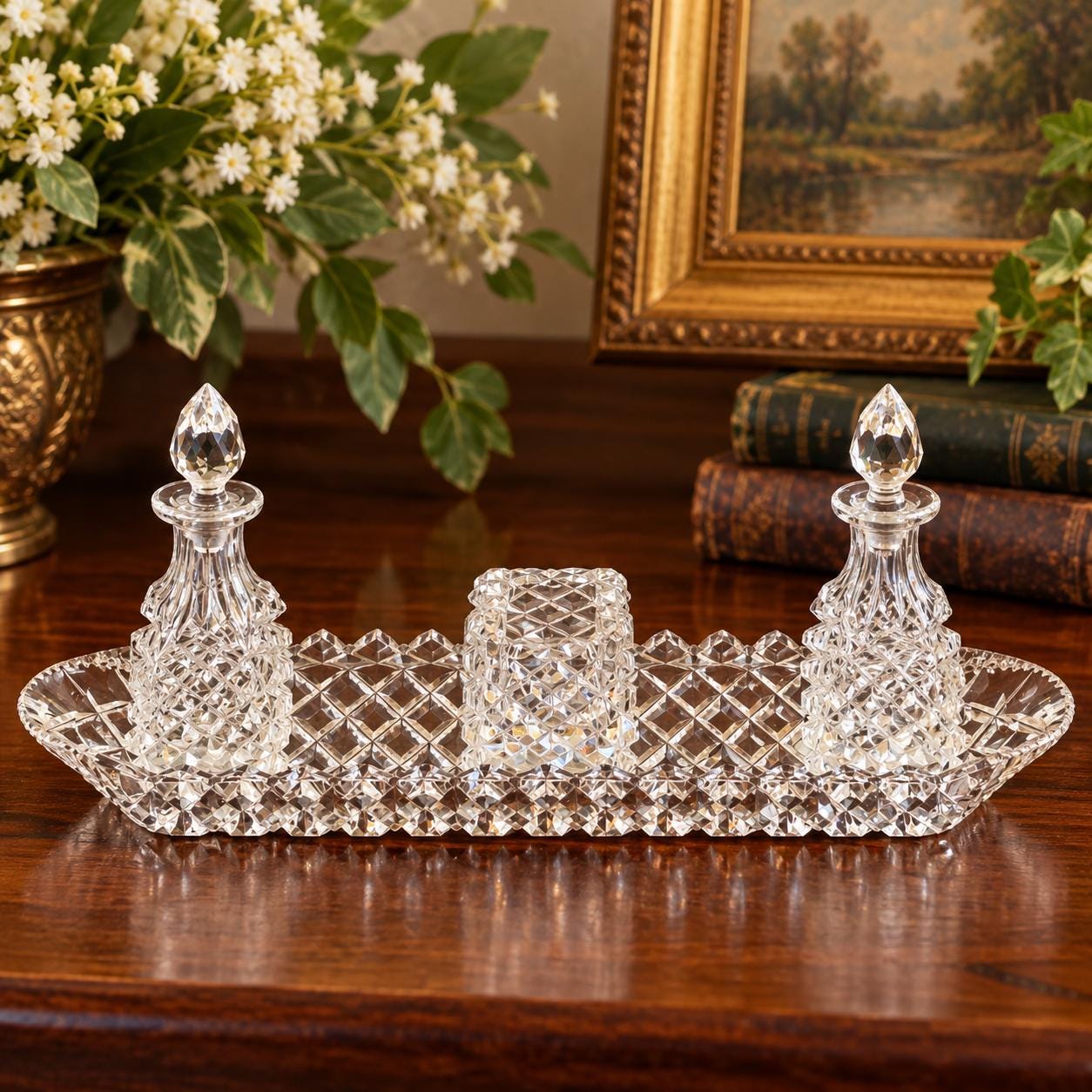英国購入Vintage Cut-Glass Dressing Table Set Cut Glass Dressing
