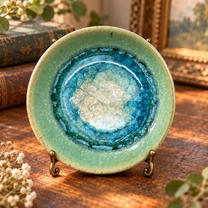 Vintage Art Pottery Trinket Dish Aqua Blue Green Crystalline Crackle Glaze