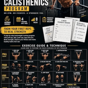 8-veckors Calisthenics-program för nybörjare + framstegsmätare | Träningsplan för kroppsvikt i PDF-format