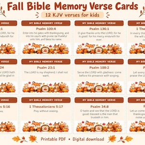May include: A set of 12 Fall Bible Memory Verse Cards for kids featuring KJV verses. Each card has a brown header, a Bible verse, and an illustration of a fox, hedgehog, and squirrel surrounded by autumn leaves and pumpkins. Text includes Fall Bible Memory Verse and 12 KJV verses for kids.