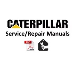 Op de afbeelding: De tekst CATERPILLAR Service/Repair Manuals wordt in het zwart weergegeven met een geel driehoekpictogram. Onder de tekst staan twee iconen: een rood-wit PDF-bestandssymbool en een zwart huisvormig icoon met een witte hand die een moersleutel vasthoudt.