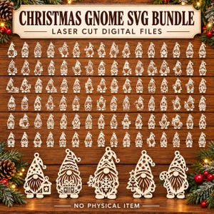 Op de afbeelding: Een digitale collectie van kerstkabouter SVG-bestanden voor lasersnijden, met talloze witte kaboutersilhouetten met diverse feestelijke accessoires zoals bomen, cadeaus en sterren, gelabeld met de tekst CHRISTMAS GNOME SVG BUNDLE.