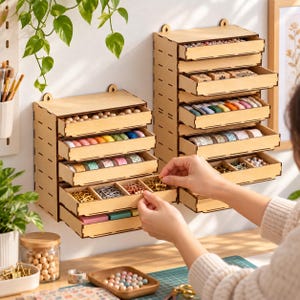 Può includere: Due unità di archiviazione a parete in legno chiaro con cassetti multipli. Le unità presentano un design modulare con fessure visibili e contengono varie forniture per il fai-da-te, tra cui perline, rocchetti di filo colorati, nastro adesivo decorativo e clip metalliche.