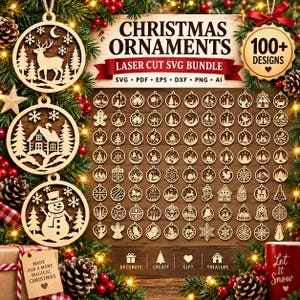 Puede incluir: Una colección digital de más de 100 diseños de adornos navideños cortados con láser en formatos SVG, PDF, EPS, DXF, PNG y AI. La imagen muestra tres adornos circulares de madera con un ciervo, una cabaña y un muñeco de nieve.