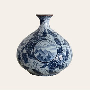 Antique Royal Bonn Tokio Blue & White Scenic Vase Germany c.1900