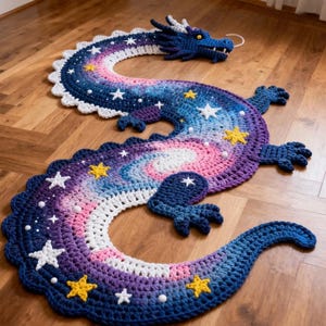 May include: A long, serpentine crochet rug featuring a galaxy-inspired colour gradient of deep blue, purple, and pink. The body is adorned with white and yellow crocheted stars and small white spheres, finished with a dragon head and claws.