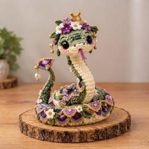 Op de afbeelding: Een gehaakt slangenfiguur met een groen en crèmekleurig lichaam met paarse schubpatronen, versierd met witte en paarse bloemen, een kleine gouden kroon en bungelende parelkralen. De slang heeft grote zwarte ogen en een roze gespleten tong.