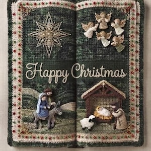 May include: A rectangular wall hanging featuring a dark green crocheted book design with the text Happy Christmas. It includes a large star, five small angels, a nativity scene with figures, a donkey, and a sheep, all framed by red and green beads.