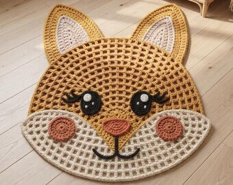 Haakpatroon voor een vossenkleed, vossenkleed met gezicht (PDF), gehaakte dierenmat, bosdierendecoratie voor de kinderkamer, digitaal patroon voor gevorderden