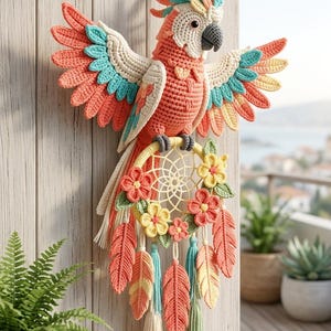 Puede incluir: Un adorno de pared de loro tejido a ganchillo en tonos coral, turquesa y amarillo. El loro tiene las alas extendidas y está posado sobre un atrapasueños circular decorado con flores tejidas, hojas verdes y borlas colgantes en forma de pluma.