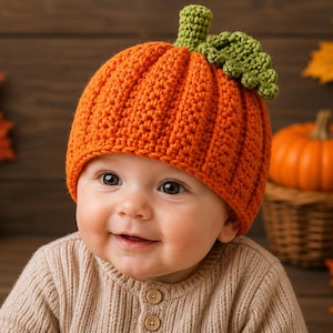 May include: A bright orange crochet hat shaped like a pumpkin, featuring a ribbed texture, a small green stem on top, and a textured green leaf attached to the side. The hat is worn by a baby wearing a beige long-sleeved button-up knit sweater.