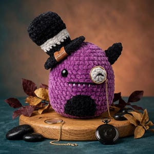 May include: A purple crocheted plush toy with a black and white top hat featuring a Crescent Crochet tag. The toy has a black monocle with a gold chain, black eyes, and a black patch on its front. A black pocket watch sits nearby.