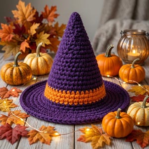 May include: A purple crocheted witch hat with an orange band around the base. The hat is surrounded by several small orange pumpkins, scattered autumn leaves in shades of red, orange, and yellow, and a glass lantern with a glowing light inside.