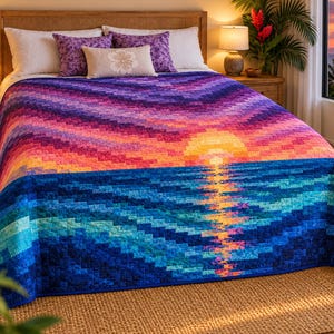 May include: A quilt featuring a pixelated sunset over the ocean, with a color gradient transitioning from deep blues and teals at the bottom to vibrant oranges, pinks, and purples at the top, displayed on a bed with matching pillows.