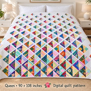 May include: A queen-sized quilt measuring 90 by 108 inches, featuring a white background with a repeating diamond pattern composed of multicolored fabric triangles in various floral, tropical, and solid prints. Digital quilt pattern.