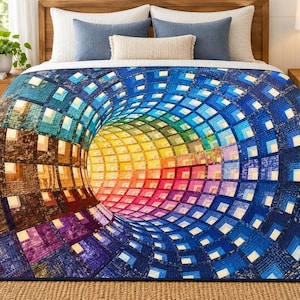 May include: A quilt featuring a vibrant, multi-coloured geometric pattern that creates a three-dimensional tunnel effect. The design transitions through a spectrum of colours, including deep blues, purples, browns, yellows, and bright rainbow hues.