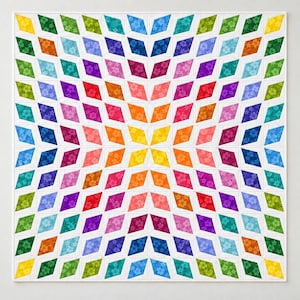 May include: A square quilt featuring a geometric pattern of multicolored diamond-shaped fabric patches. Each diamond displays a subtle floral print in shades of yellow, orange, red, pink, purple, blue, and green, separated by white borders.