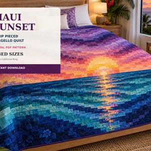 May include: A strip-pieced Bargello quilt featuring a sunset over the ocean in shades of purple, pink, orange, yellow, and blue. The text reads: MAUI SUNSET, STRIP PIECED BARGELLO QUILT, DIGITAL PDF PATTERN, 5 BED SIZES, INSTANT DOWNLOAD.