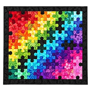 May include: A square quilt featuring a vibrant, rainbow-colored puzzle piece pattern. Each piece displays a tropical floral and leaf print in shades of red, orange, yellow, green, blue, and purple, all framed by a solid black floral border.