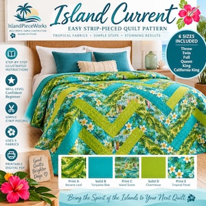 Pode incluir: Um padrão de colcha intitulado Island Current com um design tropical de folhas de bananeira, azul turquesa, cenas de ilhas, cor chartreuse e estampas florais. O padrão inclui instruções passo a passo para seis tamanhos diferentes.
