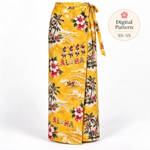 May include: A yellow wrap skirt featuring a tropical print with palm trees, hibiscus flowers, and hula dancers. The text ALOHA is printed in a floral pattern. A circular badge in the top right corner reads Digital Pattern XS-5X with a flower icon.