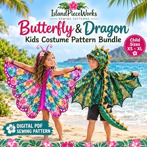 以下が含まれることがあります： IslandPieceWorks Butterfly & Dragon Kids Costume Pattern Bundleというタイトルの子供用サイズXS-XL向けデジタルPDF縫製パターン。画像には、花柄の羽が付いた蝶のコスチュームと、羽と尻尾が付いた緑色のドラゴンのコスチュームが写っています。