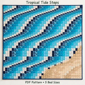 May include: A square quilt pattern titled Tropical Tide Steps featuring a pixelated design of blue ocean waves meeting a tan sandy beach. The pattern includes text at the top and bottom, indicating it is a PDF pattern for 5 bed sizes.