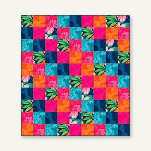 May include: A quilt featuring a grid of square fabric patches in alternating solid colors and floral patterns. The color palette includes vibrant shades of hot pink, bright orange, deep navy blue, and teal, with green leaf accents.