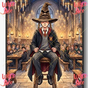 May include: A digital illustration of a young student wearing round glasses, a grey sweater, a red and gold striped tie, and a black robe, sitting on a wooden stool while wearing a large, weathered brown sorting hat in a grand hall with floating candles.